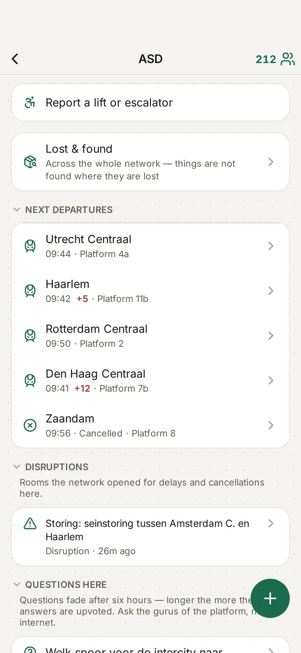 Perron station chat room with live departures
